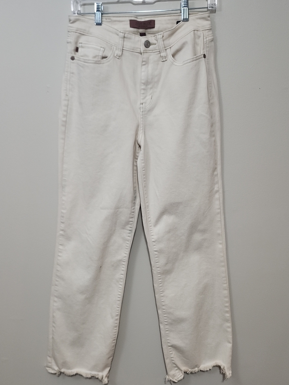 Judy Blue Ivory Straight Leg Jeans High Rise Raw Hem White Cream Comfort Stretch